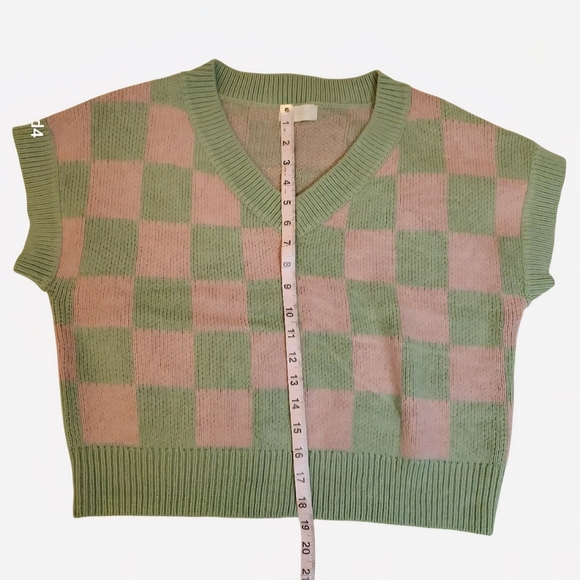 Altar'd State Pink & Light Green Checker V-Neck Sweater Vest - Picture 4 of 6